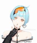  1girl artist_name bangs bare_shoulders black_gloves blue_hair chilli_646 closed_mouth collarbone cropped_torso dress earrings eyebrows_visible_through_hair eyewear_on_head finger_to_mouth fingerless_gloves girls&#039;_frontline gloves highres jewelry looking_at_viewer nail_polish orange_eyes orange_nails safety_glasses short_hair shushing single_earring solo upper_body white_background zas_m21_(girls&#039;_frontline) 