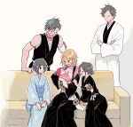  abarai_ichika akon black_hair bleach blonde_hair blue_kimono breasts brown_hair cleavage closed_eyes couch cowboy_shot facial_tattoo hair_bun haori hinamori_momo hisagi_shuuhei holding holding_baby japanese_clothes jewelry kimono kuchiki_rukia long_sleeves looking_at_another matsumoto_rangiku mother_and_daughter necklace okihana red_hair short_hair sitting smile standing taichou_haori tattoo white_background 