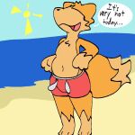 1:1 2024 3_toes 4_fingers anthro beach belly black_nose black_text bodily_fluids bulge canid canine chest_tuft clothed clothing compression_artifacts countershade_face countershade_feet countershade_fur countershade_hands countershade_tail countershade_torso countershading crispycreamxd dialogue digital_media_(artwork) dipstick_tail english_text feet fingers fox full-length_portrait fur gloves_(marking) leg_markings male mammal markings navel open_mouth orange_body orange_fur outside pink_tongue portrait red_clothing red_swimming_trunks red_swimwear sea slightly_chubby snout socks_(marking) solo speech_bubble standing sun sweat swimming_trunks swimming_trunks_only swimwear tail tail_markings tan_body tan_countershading tan_fur text three-quarter_view toes tongue topless tuft water