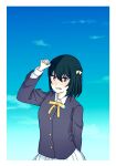  1girl arm_up black_hair black_jacket blue_sky blush bob_cut border buttons cloud collared_shirt commentary embarrassed fang hair_ribbon highres jacket long_sleeves looking_at_viewer love_live! love_live!_nijigasaki_high_school_idol_club mifune_shioriko neck_ribbon nijigasaki_school_uniform nose_blush open_mouth orange_eyes plaid_clothes plaid_skirt pleated_skirt poizun_(user_wmgk4287) ribbon school_uniform shirt short_hair skirt sky solo swept_bangs symbol-only_commentary upper_body white_border white_shirt white_skirt winter_uniform yellow_ribbon 
