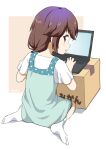  1girl aayh blue_dress blush box brown_background brown_hair cardboard_box commentary_request computer dress from_behind full_body hair_over_shoulder laptop long_hair looking_at_viewer looking_back low_ponytail machikado_mazoku no_shoes parted_lips ponytail profile purple_eyes shadow shirt short_sleeves signature sleeveless sleeveless_dress socks soles solo two-tone_background white_background white_legwear white_shirt yoshida_ryouko 