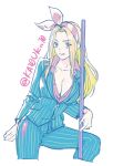  bandana billy_kane blonde_hair breasts business_suit cleavage formal genderswap genderswap_(mtf) highres jacket katou_teppei long_hair looking_at_viewer pant_suit pinstripe_pattern pinstripe_suit pretty_billy_kane snk striped striped_jacket striped_suit suit the_king_of_fighters the_king_of_fighters_all-stars the_king_of_fighters_xv vertical-striped_jacket vertical_stripes 