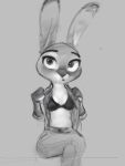  2022 anthro bra breasts clothed clothing disney ears_up female front_view greyscale hi_res judy_hopps lagomorph leporid mammal monochrome open_clothing open_shirt open_topwear partially_clothed portrait qupostuv35 rabbit shirt sitting sketch solo three-quarter_portrait topwear underwear undressing zootopia 