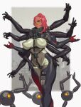  1girl absurdres asymmetrical_hair bodysuit breasts clapping covered_nipples cyborg dark-skinned_female dark_skin dwarf_gekko extra_arms hair_over_one_eye highres looking_at_viewer metal_gear_(series) metal_gear_rising:_revengeance mistral_(metal_gear_rising) ok_sign parted_lips pink_hair pink_lips riz robot smile thumbs_up 