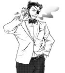  1boy beard belt bow bowtie cigar claw_(weapon) closed_eyes commentary_request deadpool_&amp;_wolverine deadpool_(series) eyepatch facial_hair formal highres holding holding_cigar jacket male_focus marvel marvel_cinematic_universe monochrome muscular muscular_male pants rrriemman shirt sketch smoke solo suit teeth weapon wolverine_(x-men) x-men 