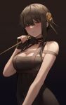  1girl bangs banned_artist bare_shoulders black_background black_dress black_hair blush breasts cleavage closed_mouth dagger dress eyebrows_visible_through_hair flower gold_hairband hair_between_eyes hair_bun hair_flower hair_ornament hand_up hinaki_(hinaki_0102) holding holding_dagger holding_weapon knife large_breasts long_hair looking_at_viewer red_eyes revision sidelocks sleeveless sleeveless_dress smile solo spy_x_family weapon yor_briar 
