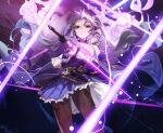  1girl bare_shoulders brown_legwear clone cowboy_shot daniel_deng dress earrings electricity frilled_skirt frilled_sleeves frills genshin_impact gloves glowing hair_bun highres holding holding_sword holding_weapon jewelry keqing_(genshin_impact) looking_at_viewer pantyhose purple_background purple_dress purple_eyes purple_gloves purple_hair simple_background skirt solo sword thighs twintails weapon wind wind_lift 