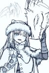  1girl cape dobrynya_nikitich_(fate) dragon fate/grand_order fate_(series) fur-trimmed_cape fur-trimmed_headwear fur_trim gloves highres long_hair mineda_mayu one_eye_closed petting sketch 