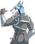  anthro black_body black_fur blue_body blue_fur butt doggie_kruger facial_hair fur gesture goatee grey_suit male pointing power_rangers simple_background smile solo thegreatmatsutzu white_background white_body white_fur 