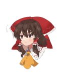 1girl ascot bangs blush bow brown_eyes brown_hair closed_mouth eyebrows_visible_through_hair eyes_visible_through_hair frills hair_between_eyes hair_ornament hair_tubes hakurei_reimu highres looking_to_the_side red_bow short_hair simple_background solo touhou uchisaki_himari upper_body white_background yellow_ascot 