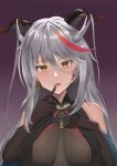  1girl absurdres aegir_(azur_lane) azur_lane bare_shoulders black_gloves bodystocking breast_curtains breasts cross cross_earrings demon_horns earrings eyebrows_visible_through_hair finger_to_mouth gloves gradient gradient_background grey_hair hair_between_eyes hair_on_horn hand_on_own_chest highres horns jewelry large_breasts long_hair looking_at_viewer multicolored_hair pelele_mon purple_background red_hair simple_background slit_pupils solo streaked_hair two-tone_hair upper_body white_hair yellow_eyes 
