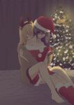  2girls absurdres aihara_mei aihara_yuzu animal_costume bangs bare_shoulders black_hair blonde_hair blush breasts christmas christmas_tree citrus_(saburouta) eyebrows_visible_through_hair fur_trim glidesloe hat highres long_hair multiple_girls red_headwear reindeer_costume santa_costume santa_hat step-siblings wife_and_wife yuri 