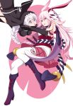  2girls :o absurdres animal_ears bangs bare_shoulders boots fox_ears fox_mask full_body highres holding_hands honkai_(series) honkai_impact_3rd japanese_clothes kallen_kaslana katana knee_boots linghunyuzhe_(2523173519) long_sleeves looking_at_another mask miko multiple_girls nun open_mouth pink_hair pink_skirt purple_footwear sheath sheathed skirt sword thighhighs weapon white_background white_hair white_legwear white_sleeves yae_sakura yae_sakura_(gyakushinn_miko) yuri 