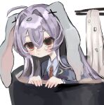  1girl :&lt; ahoge animal_ears blush bowl chopsticks collared_shirt commentary_request crying food food_on_head hair_intakes haniwa_kue highres in_bowl in_container in_food long_hair long_sleeves necktie noodles object_on_head purple_hair rabbit_ears rabbit_girl red_eyes reisen_udongein_inaba shirt solo tears touhou 