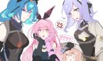  4girls alisa:_echo_(pgr) alisa_(pgr) anger_vein animal_ears ayla:_kaleido_(pgr) ayla_(pgr) beret black_bodysuit black_bow black_gloves blue_hair blue_hat bodysuit bow braid braided_bangs cross-shaped_pupils elbow_gloves fake_animal_ears gloves hair_ornament hat headgear highres long_hair luoyuyaoouruola mechanical_arms multiple_girls open_mouth orange_eyes pink_eyes punishing:_gray_raven purple_eyes purple_hair rabbit_ears rabbit_hair_ornament sica_(pgr) spoken_anger_vein symbol-shaped_pupils trojan_(pgr) very_long_hair 