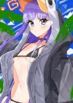  1girl absurdres animal_hood bangs bikini black_bikini black_coat blue_eyes blush breasts breasts_apart choker coat collarbone fate/grand_order fate_(series) groin highres hood hood_up hooded_coat isocha long_hair long_sleeves looking_at_viewer meltryllis_(fate) meltryllis_(swimsuit_lancer)_(fate) navel purple_hair small_breasts solo string_bikini swimsuit upper_body 