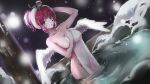  1girl :o animal_on_head arm_up blush breasts cat cat_on_head collarbone completely_nude covered_navel covering dana_(hapong07) dutch_angle facial_mark feathered_wings heart highres indie_virtual_youtuber large_breasts night nude nude_cover on_head onsen outdoors parted_lips red_eyes red_hair see-through short_hair short_ponytail snow snowing tadano_rei towel towel_on_head wading water white_wings wings 