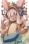  1other animal_ears animal_hands artist_name baggy_pants blue_headwear blue_pants brown_fur commentary_request cowboy_shot eyebrows_visible_through_hair furry green_eyes helmet horizontal_pupils looking_at_viewer made_in_abyss mumu_yu_mu nanachi_(made_in_abyss) other_focus pants parted_lips revision short_hair_with_long_locks solo whiskers 