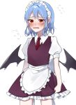  1girl alternate_costume apron back_bow bangs bat_wings blue_hair blush bow breasts collared_shirt commentary_request dress embarrassed eringi_(rmrafrn) eyebrows_visible_through_hair eyes_visible_through_hair fang flying_sweatdrops frills grey_bow hair_between_eyes highres looking_to_the_side maid maid_headdress medium_breasts necktie open_mouth pointy_ears puffy_short_sleeves puffy_sleeves purple_dress red_eyes red_necktie remilia_scarlet shirt short_hair short_sleeves simple_background solo standing sweat sweatdrop tongue touhou white_apron white_background white_shirt wings 