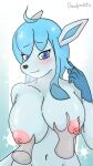  5_fingers 9:16 anthro areola big_areola big_breasts blue_background blue_body blue_eyes blue_hair blush breast_fondling breast_grab breast_play breasts bust_portrait clothing curvy_figure deadpotato disembodied_hand eeveelution erect_nipples eyebrow_through_hair eyebrows female fingers fondling glaceon glistening glistening_hair gloves_(marking) grope hair hand_behind_back hand_on_breast hi_res huge_breasts long_sleeves looking_at_viewer markings navel nervous nintendo nipples nude open_mouth pink_areola pink_nipples pok&eacute;mon pok&eacute;mon_(species) portrait puffy_areola puffy_nipples raised_arm signature simple_background snowflake solo tagme tight_clothing topwear translucent translucent_hair video_games voluptuous 