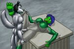  absurd_res anthro big_breasts big_feet blue_hair bodysuit breasts canid canine canis clothed clothing condom_suit duo erection feet female fingerless frown fur genitals green_body green_eyes green_skin grey_body grey_eyes grey_fur hair hand_on_leg hi_res leg_on_shoulder lizard lying male mammal muscular muscular_male neatnick on_back open_mouth orgasm_face penetration penis petrification pussy reptile ring_(jewelry) rubber rubber_clothing rubber_suit scalie sex skinsuit smile standing stirrups table_lotus_position tight_clothing vaginal vaginal_penetration wolf 