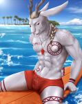  abs albino alexi_(ashnurazg) anthro antlers biceps blonde_hair body_hair bodypaint braided_hair bulge clothing freckles fur hair happy_trail hi_res horn jackalope lagomorph long_ears looking_at_viewer male mammal muscular muscular_anthro muscular_male navel navel_piercing neck_tuft nipple_piercing nipples palm_tree pecs piercing pink_nipples pink_nose plant red_clothing red_eyes red_swimwear runes sea sitting small_tail solo spread_legs spreading surfboard swimwear teeth_showing tipsycanvas tree tuft vertical_nipple_piercing water wave whistle white_body white_fur 