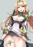  ayamo_kaoru bangs bare_shoulders blonde_hair breasts chest_jewel cleavage cleavage_cutout clothing_cutout dress earrings elbow_gloves gloves highres jewelry large_breasts long_hair mythra_(xenoblade) short_dress swept_bangs thigh_strap tiara very_long_hair white_dress white_gloves xenoblade_chronicles_(series) xenoblade_chronicles_2 yellow_eyes 