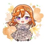  1girl :d beamed_eighth_notes brown_dress chibi chibi_only chinese_commentary commentary_request dress eighth_note floral_background frilled_dress frills full_body highres jingshenquan long_dress long_hair long_sleeves looking_at_viewer love_live! love_live!_superstar!! musical_note musical_staff_print orange_hair puffy_long_sleeves puffy_sleeves purple_eyes shibuya_kanon smile solo staff_(music) straight-on teeth treble_clef upper_teeth_only 