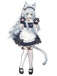  1girl alternate_costume animal_ear_fluff animal_ears apron arknights bangs cat_ears cat_girl cat_tail claw_pose enmaided highres long_hair maid maid_day maid_headdress mary_janes riinougat rosmontis_(arknights) shoes solo tail thigh_strap thighhighs white_hair 