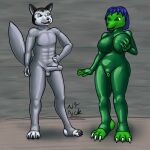  anthro big_breasts big_feet blue_hair bodysuit breast_squish breasts canid canine canis clothed clothing condom_suit duo erection feet female fingerless fur genitals green_body green_eyes green_skin grey_body grey_eyes grey_fur hair hand_on_breast hand_on_hip hi_res lizard looking_at_another male mammal muscular muscular_male neatnick open_mouth penis pussy reptile ring_(jewelry) rubber rubber_clothing rubber_suit scalie skinsuit smile squish standing stirrups tight_clothing wide_hips wolf 