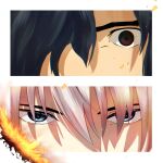  2boys asymmetrical_bangs bangs black_hair blue_eyes burning embers fire hair_between_eyes hair_over_eyes hair_over_one_eye highres kagetsu_tooya kishima_kouma looking_at_viewer male_focus multiple_boys nanaya_kiri parted_bangs sakuramoti114 short_hair simple_background swept_bangs tsukihime white_background white_hair 