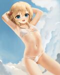  1girl armpits arms_behind_head bikini blonde_hair blue_eyes blue_sky breasts cloud crumbles day eyebrows_visible_through_hair hair_ornament highres looking_at_viewer open_mouth original short_hair sky small_breasts solo standing swimsuit thighs white_bikini 