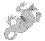  anthro anus butt claws eyes_closed genitals gesture greyscale holding_leg_up horn kobold lying male monochrome on_back penis presenting presenting_hindquarters scalie solo tongue tongue_out tritscrits v_sign white_claws 