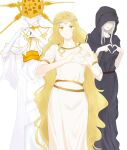  3boys black_robe blonde_hair blush circlet closed_mouth colored_eyelashes commentary_request company_connection covered_eyes cracked_skin crown dark_souls_(series) dark_souls_i dark_souls_iii dark_sun_gwyndolin dress elden_ring elden_ring:_shadow_of_the_erdtree fromsoftware gloves heart heart_hands highres hooded_robe long_hair looking_at_viewer lothric_(younger_prince) male_focus miquella_(elden_ring) multiple_boys okaka_(ryuuketsu_san) otoko_no_ko robe shaded_face simple_background smile standing sweat trait_connection very_long_hair white_background white_dress white_gloves white_hair yellow_eyes 