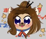2018 anthro black_eyebrows black_nose blue_eyes blush brown_hair bust_portrait clothing colored digital_drawing_(artwork) digital_media_(artwork) eyebrow_through_hair eyebrows eyelashes eyelashes_through_hair fangs female female_anthro fur grey_background hair hyena japanese_text kerchief light lighting long_hair looking_at_viewer mammal neckerchief pink_tongue ponytail pop_team_epic portrait rakkyoarts red_kerchief red_neckerchief shaded shirt simple_background smile smiling_at_viewer solo star tan_body tan_fur tan_inner_ear teeth text tongue tongue_out topwear translation_request translucent translucent_hair white_clothing white_shirt white_topwear yuri_(dragonsixzey)