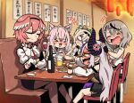  &gt;_&lt; 0_0 5girls absurdres ahoge anger_vein animal_ears beer_mug bottle closed_eyes crossed_legs cup detached_sleeves drinking_glass drunk fingerless_gloves food fushicho gloves hakui_koyori head_wings highres hololive holox horns kazama_iroha la+_darknesss laughing long_hair mug multiple_girls pointy_ears restaurant sakamata_chloe short_hair sick smile takane_lui virtual_youtuber wine_bottle wine_glass 