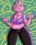  :3 anthro belly big_breasts bodily_fluids bojack_horseman bottomwear bra breasts clothing domestic_cat exercise felid feline felis female frown hi_res huge_breasts itsybitsymitzi mammal netflix pants princess_carolyn solo sports_bra sweat underwear weights workout yoga_pants 