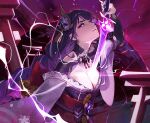  1girl bangs blunt_bangs braid braided_ponytail breasts cleavage daniel_deng electricity flower genshin_impact hair_flower hair_ornament half-closed_eyes holding holding_sword holding_weapon japanese_clothes kimono large_breasts long_hair mole mole_under_eye off_shoulder purple_background purple_eyes purple_hair purple_kimono raiden_shogun simple_background solo sword sword_between_breasts upper_body vision_(genshin_impact) weapon wide_sleeves 
