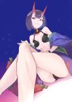  1girl bangs bare_shoulders bob_cut breasts coffeekite collarbone crossed_legs eyeliner fate/grand_order fate_(series) headpiece highres horns japanese_clothes kimono long_sleeves looking_at_viewer makeup oni oni_horns purple_eyes purple_hair purple_kimono revealing_clothes short_hair shuten_douji_(fate) skin-covered_horns small_breasts smile solo wide_sleeves 