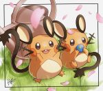  :d berry_(pokemon) brown_eyes commentary_request dedenne falling_petals framed grass highres holding kuchiba_(jret2454) open_mouth oran_berry petals pokemon sitting smile watering_can 