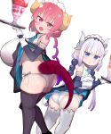  2girls alternate_costume ass bangs black_legwear blue_eyes breasts dragon_girl dragon_horns dragon_tail fang highres horns huge_breasts ilulu_(maidragon) kanna_kamui kobayashi-san_chi_no_maidragon long_hair looking_at_viewer maid multiple_girls open_mouth panties pink_hair pointy_ears red_eyes simple_background standing tail thighhighs underwear white_background white_hair white_legwear white_panties yuuki_sumire 