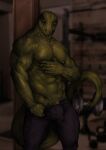  2022 5_fingers abs anthro barely_visible_genitalia barely_visible_penis biceps bottomwear claws clothing digital_drawing_(artwork) digital_media_(artwork) exercise fingers genitals green_body hi_res inside lizard looking_at_viewer male mikaemikae monitor_lizard muscular muscular_male nipple_piercing nipples pants pecs penis piercing pupils reptile scalie shirtless slit_pupils solo weightlifting workout 