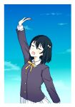  1girl :d arm_up black_hair black_jacket blue_sky blush bob_cut border buttons closed_eyes cloud collared_shirt commentary hair_ribbon highres jacket long_sleeves love_live! love_live!_nijigasaki_high_school_idol_club mifune_shioriko neck_ribbon nijigasaki_school_uniform open_hand open_mouth plaid_clothes plaid_skirt pleated_skirt poizun_(user_wmgk4287) ribbon school_uniform shirt short_hair skirt sky smile solo swept_bangs symbol-only_commentary upper_body white_border white_shirt white_skirt winter_uniform yellow_ribbon 