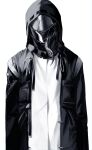  1other absurdres arknights coat cracked_mask doctor_(arknights) facing_viewer greyscale highres hood hood_up hooded_coat long_sleeves long_tongue mask monochrome open_clothes open_coat oxy_ho2 sharp_teeth simple_background teeth tongue white_background 