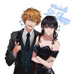  1boy 1girl absurdres black_dress black_hair black_jacket black_nails black_necktie black_vest blonde_hair breasts brown_eyes chainsaw_man cleavage denji_(chainsaw_man) dress dress_shirt formal highres jacket kwadarth low_twintails milestone_celebration mitaka_asa necktie sharp_teeth shirt short_hair simple_background small_breasts suit_jacket teeth twintails vest white_background white_shirt 