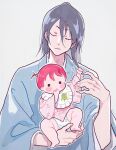  abarai_ichika bib black_hair bleach blush closed_eyes diaper full_body grey_background holding holding_baby japanese_clothes kuchiki_byakuya long_hair long_sleeves looking_at_viewer okihana red_hair short_hair uncle_and_niece upper_body 