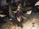  1girl absurdres arm_at_side ascot black_footwear black_hair black_hat black_jacket black_shorts blood blood_stain boots closed_mouth commentary_request floating_hair formal full_body hand_on_hilt hat highres holding holding_sword holding_weapon indoors jacket jacket_on_shoulders kneehighs long_hair long_sleeves looking_at_viewer open_clothes open_jacket original pillar red_eyes red_socks red_vest shorts sidelocks smile socks solo suit_jacket sword table tile_floor tiles top_hat very_long_hair vest weapon white_ascot wooden_chair wooden_table yanyan_(shinken_gomi) 