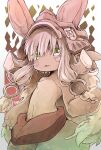  1other absurdres animal_ears animal_hands artist_name baggy_pants brown_fur commentary_request cowboy_shot eyebrows_visible_through_hair furry green_eyes green_pants helmet highres looking_at_viewer made_in_abyss mumu_yu_mu muted_color nanachi_(made_in_abyss) other_focus pants parted_lips short_hair_with_long_locks solo whiskers 