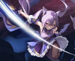  1girl bare_shoulders bow breasts brown_legwear cowboy_shot daniel_deng dress earrings frilled_skirt frilled_sleeves frills genshin_impact gloves hair_bow hair_bun highres holding holding_sword holding_weapon jewelry keqing_(genshin_impact) looking_at_viewer medium_breasts pantyhose purple_background purple_dress purple_eyes purple_gloves purple_hair simple_background skirt slashing solo sword thighs twintails weapon wind wind_lift 