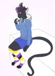  anthro bottomwear canned_drink cloe_(pixiecatsupreme) clothing domestic_cat felid feline felis footwear hi_res hoodie legwear lgbt_pride long_tail mammal nonbinary_(lore) nonbinary_pride_colors pixiecatsupreme pride_colors sitting skirt socks solo thigh_highs thigh_socks topwear 